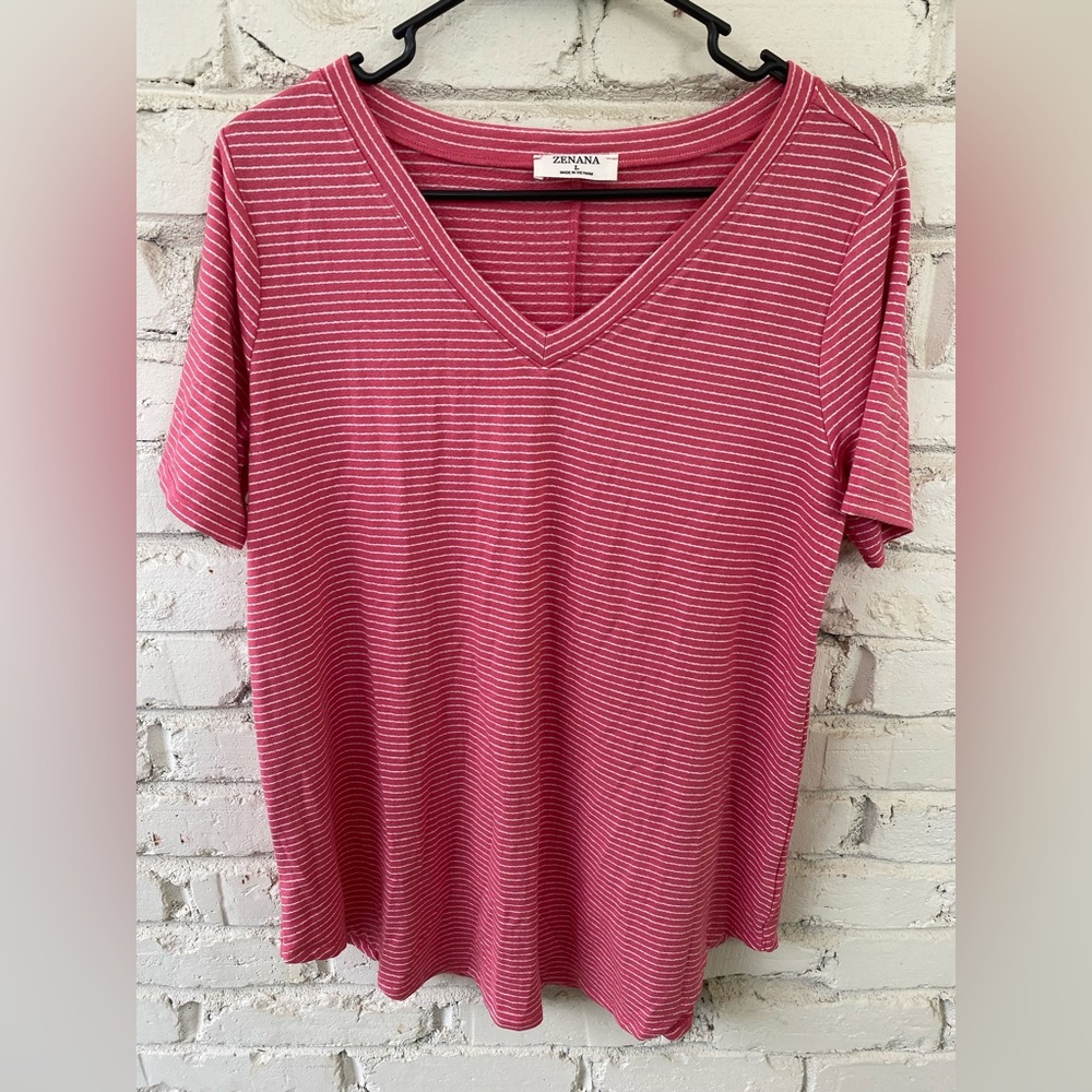 Pink and White striped V-Neck Womens Top